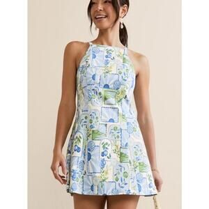 Francesca Holly Lemon Print Mini Dress Womens XS Blue Halter Neck Resort Wear